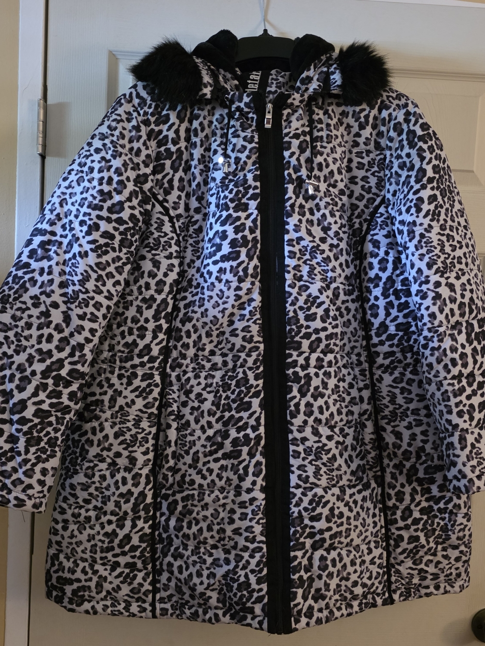 Women’s Black & White Leopard Print Puffer Coat with Faux Fur Hood